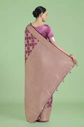 rose pink banarasi satin silk blend saree with zari woven pallu & blouse piece
