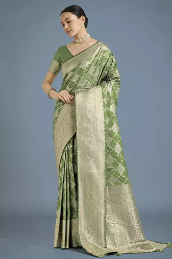 green banarasi satin silk saree with zari woven pallu & blouse piece