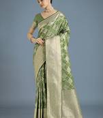 green banarasi satin silk saree with zari woven pallu & blouse piece