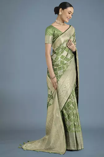 green banarasi satin silk blend saree with zari woven pallu & blouse piece