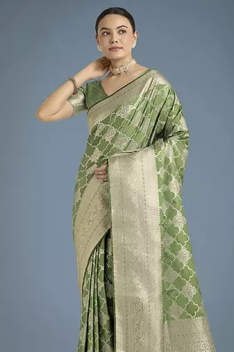 green banarasi satin silk blend saree with zari woven pallu & blouse piece