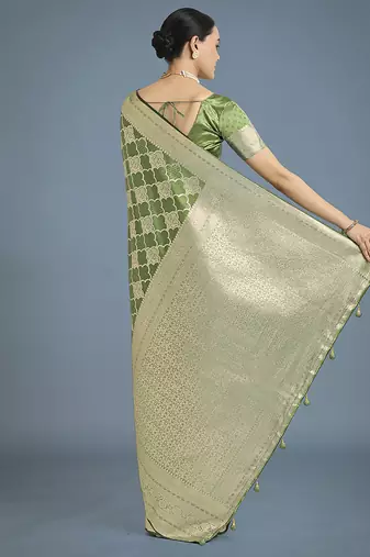 green banarasi satin silk blend saree with zari woven pallu & blouse piece