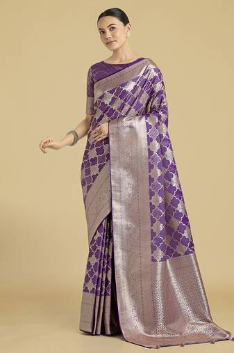 purple banarasi satin silk saree with zari woven pallu & blouse piece