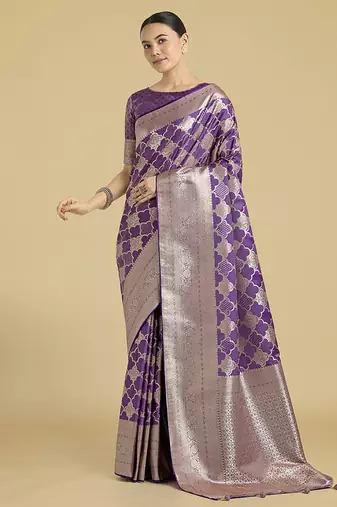 purple banarasi satin silk saree with zari woven pallu & blouse piece