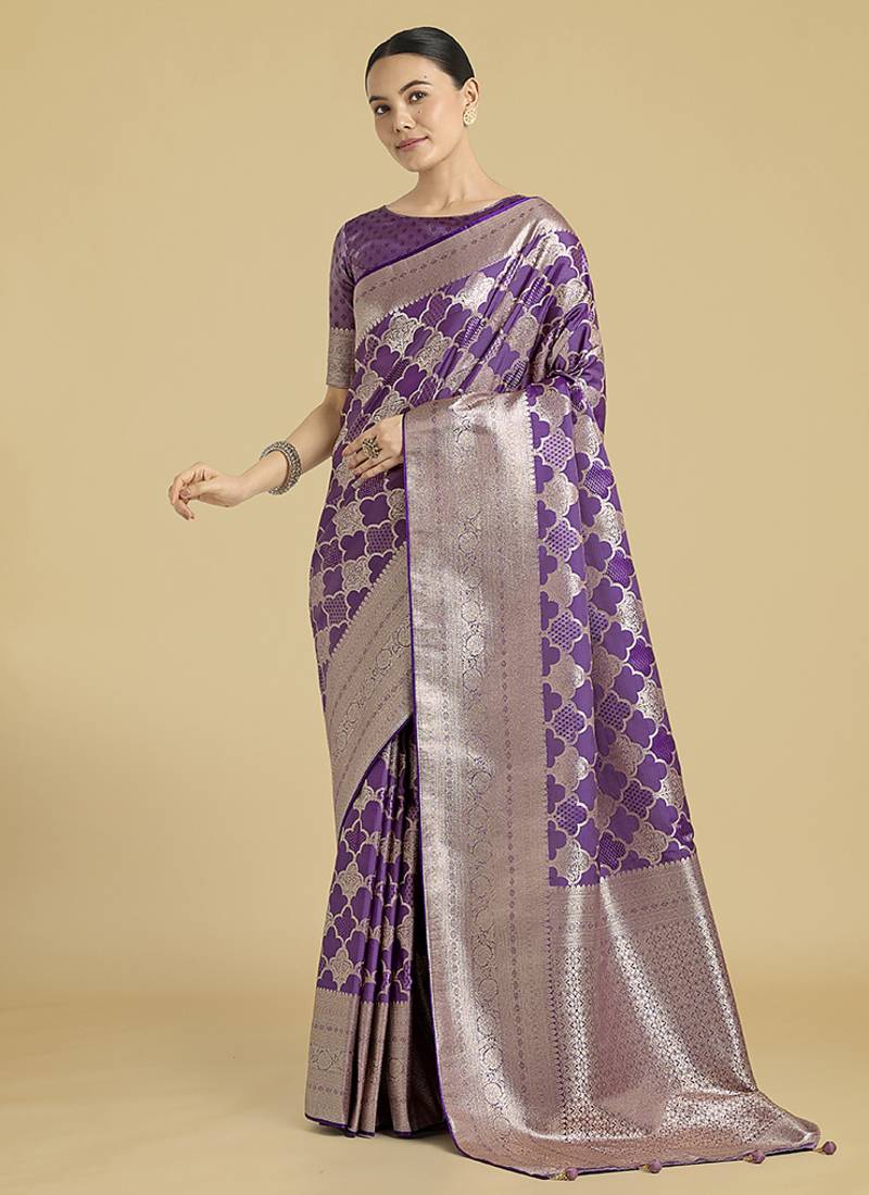 purple banarasi satin silk saree with zari woven pallu & blouse piece