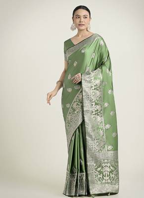 light green zari weaving banarasi satin silk blend saree 1