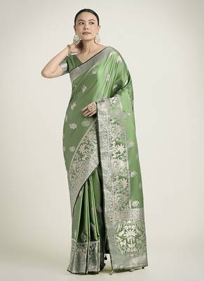 light green zari weaving banarasi satin silk blend saree 2