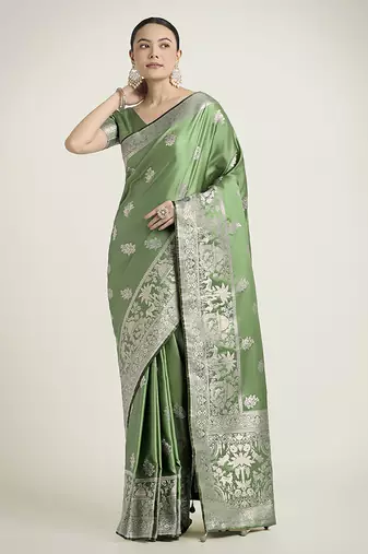 light green zari weaving banarasi satin silk blend saree