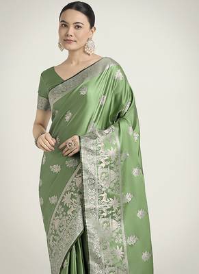 light green zari weaving banarasi satin silk blend saree 3