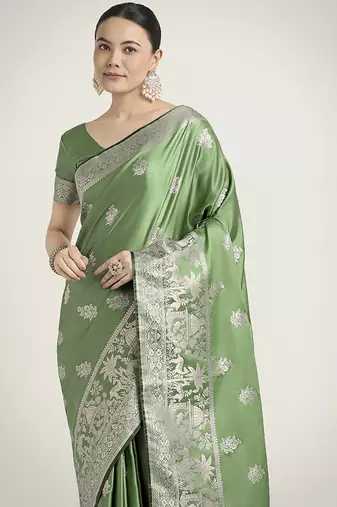 light green zari weaving banarasi satin silk blend saree