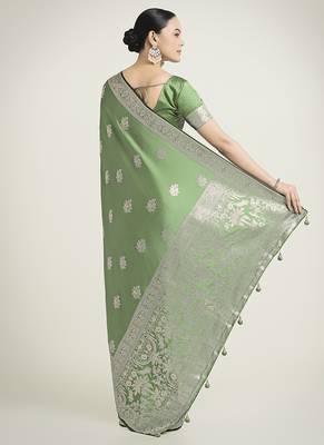 light green zari weaving banarasi satin silk blend saree 4