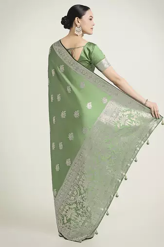 light green zari weaving banarasi satin silk blend saree