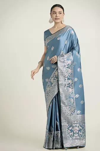 cyan blue zari weaving banarasi satin silk saree