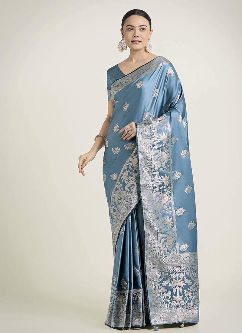 cyan blue zari weaving banarasi satin silk saree
