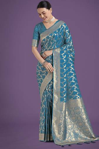 cyan blue banarasi satin silk golden meenakari work saree