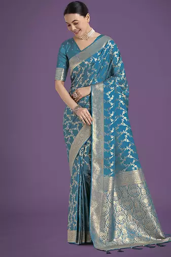 cyan blue banarasi satin silk golden meenakari work saree