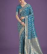 cyan blue banarasi satin silk golden meenakari work saree