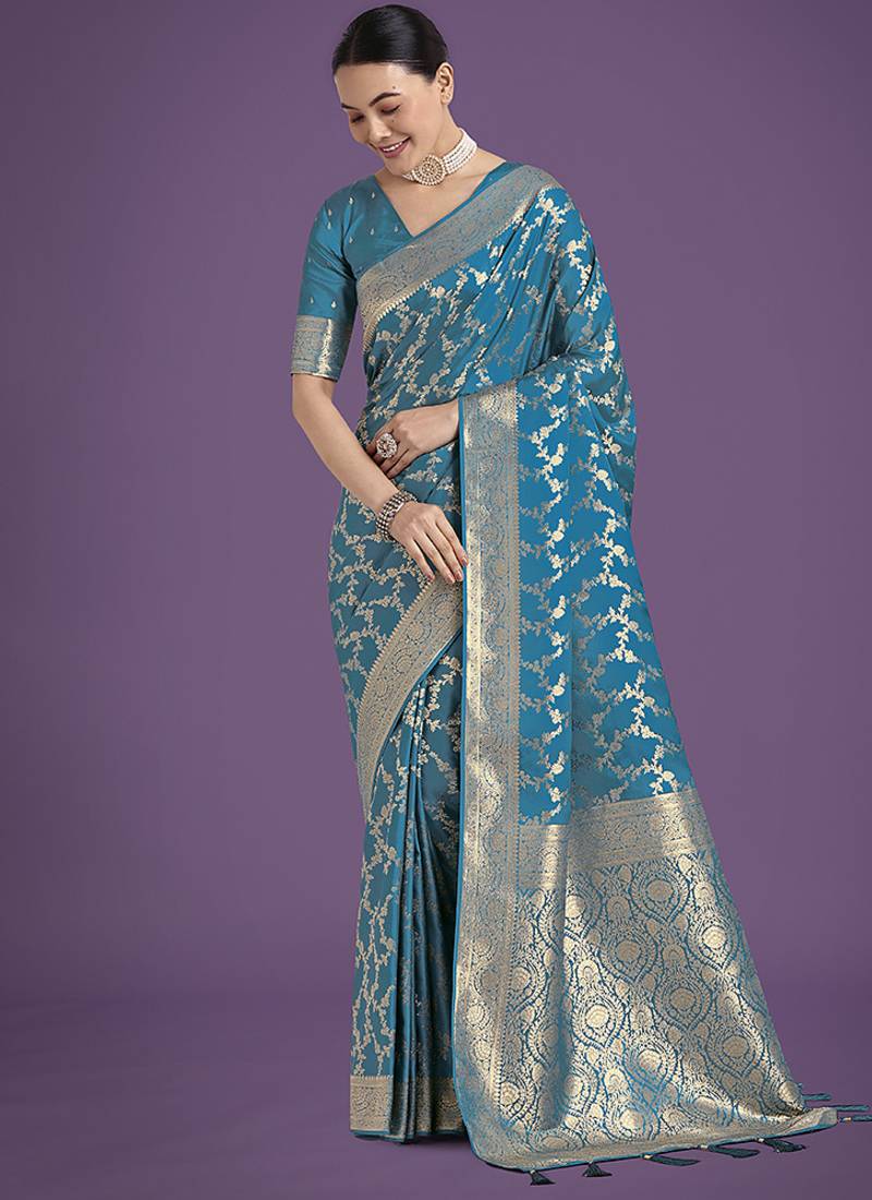 cyan blue banarasi satin silk golden meenakari work saree
