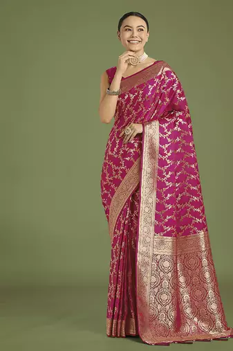 rani pink banarasi satin silk golden meenakari work saree