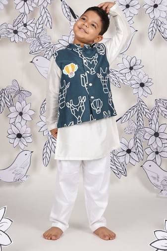 Teal tribe boys nehru jacket set tribal print over kurta pajama