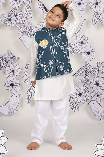 Teal tribe boys nehru jacket set tribal print over kurta pajama