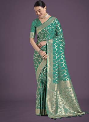 turquoise banarasi satin silk blend golden meenakari work saree 1