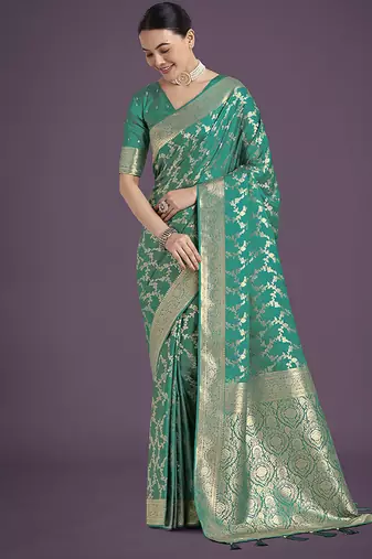 turquoise banarasi satin silk golden meenakari work saree