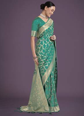 turquoise banarasi satin silk blend golden meenakari work saree 2
