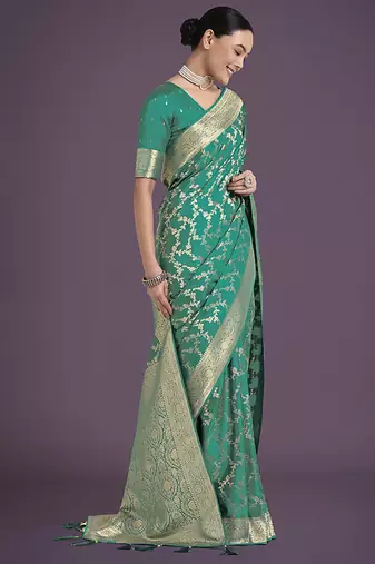 turquoise banarasi satin silk blend golden meenakari work saree