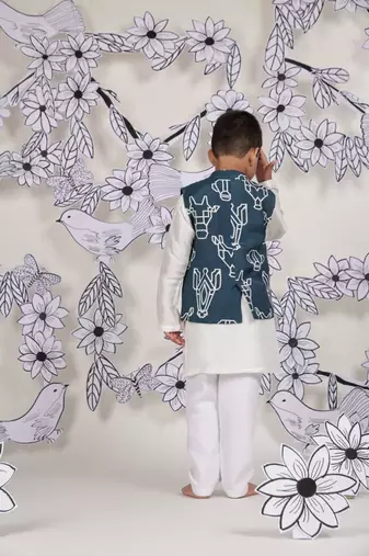 Teal tribe boys nehru jacket set tribal print over kurta pajama
