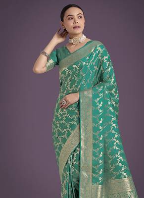 turquoise banarasi satin silk blend golden meenakari work saree 3