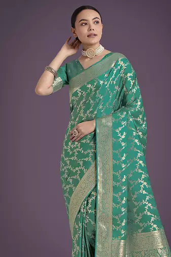 turquoise banarasi satin silk blend golden meenakari work saree