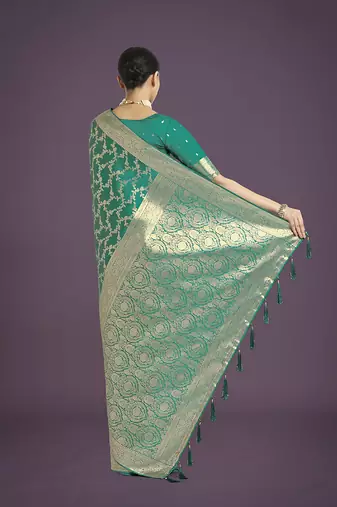 turquoise banarasi satin silk blend golden meenakari work saree