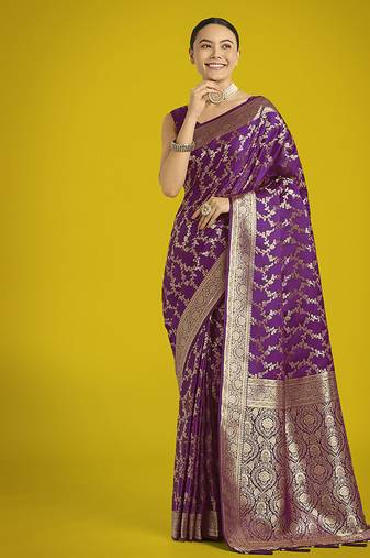 purple banarasi satin silk golden meenakari work saree