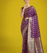 purple banarasi satin silk golden meenakari work saree