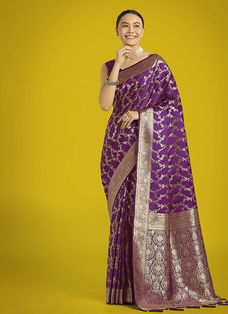 purple banarasi satin silk golden meenakari work saree
