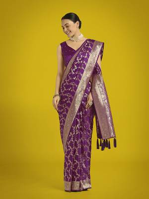purple banarasi satin silk blend golden meenakari work saree 2