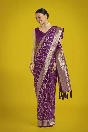 purple banarasi satin silk blend golden meenakari work saree