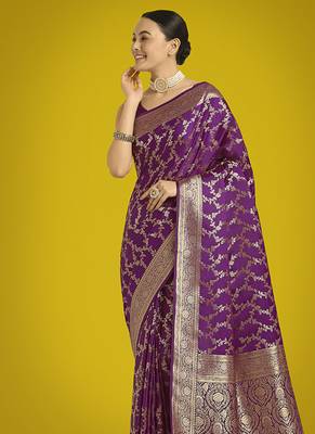 purple banarasi satin silk blend golden meenakari work saree 3