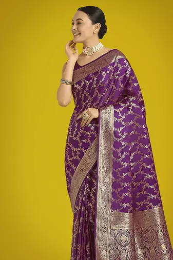 purple banarasi satin silk blend golden meenakari work saree