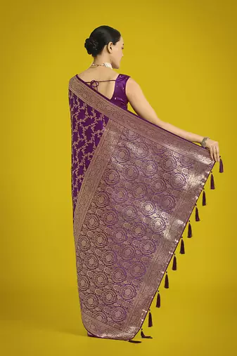 purple banarasi satin silk blend golden meenakari work saree
