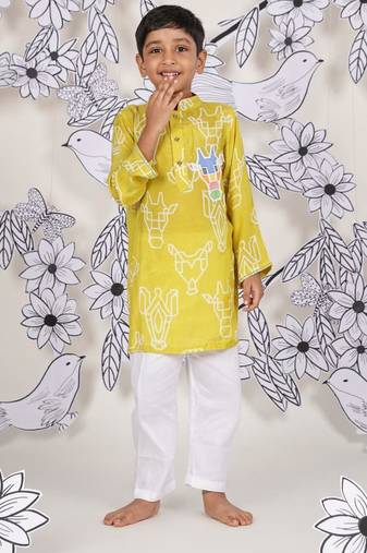 Safari safari boys kurta set mustard animal print with patchwork