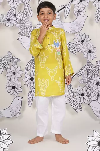 Safari safari boys kurta set mustard animal print with patchwork