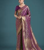 purple banarasi satin silk meenakari zari weaving pattern saree