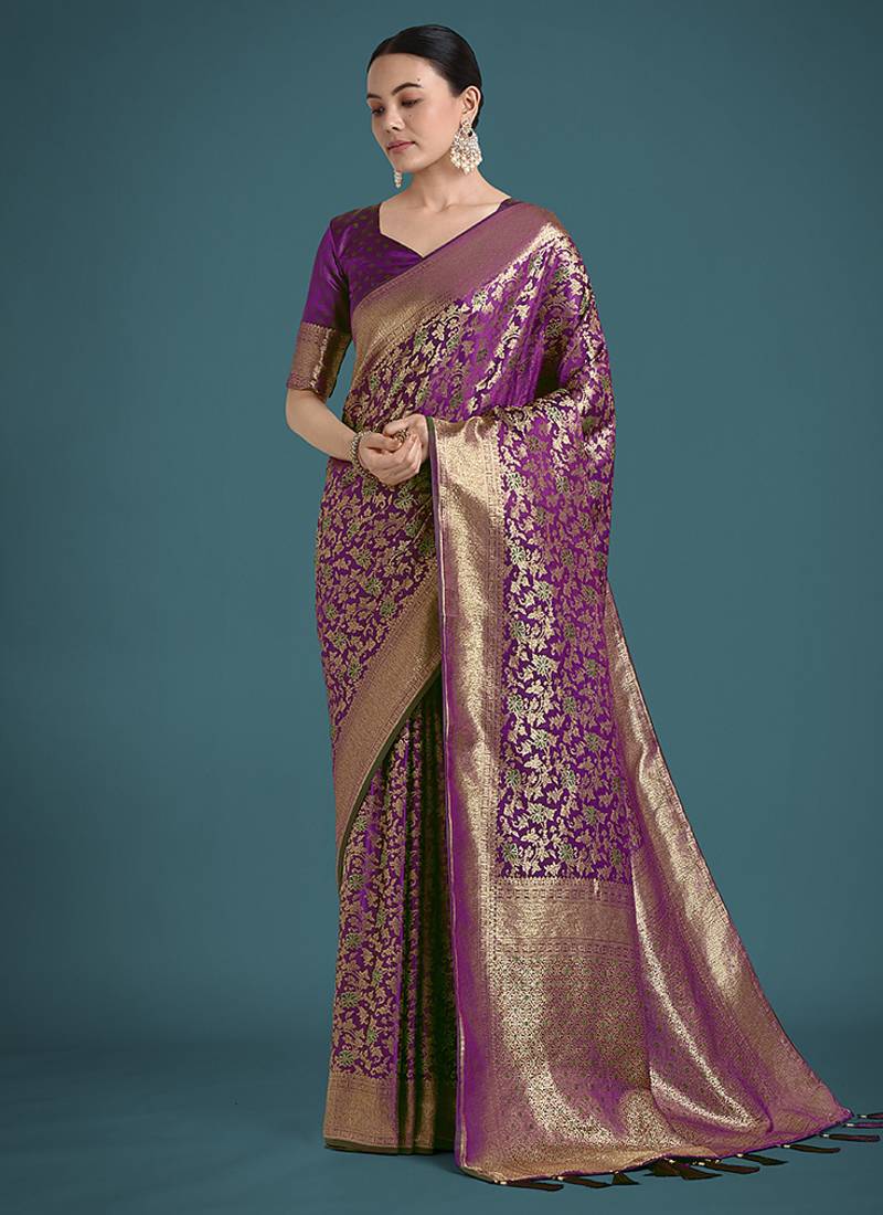 purple banarasi satin silk meenakari zari weaving pattern saree