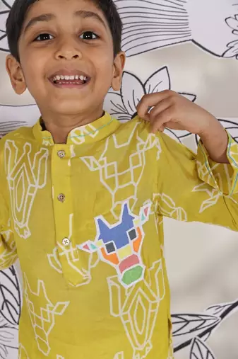 Safari safari boys kurta set mustard animal print with patchwork