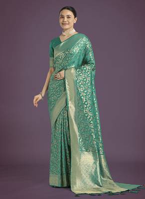 turquoise banarasi satin silk blend meenakari zari weaving work saree 1