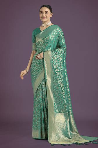 turquoise banarasi satin silk meenakari zari weaving pattern saree