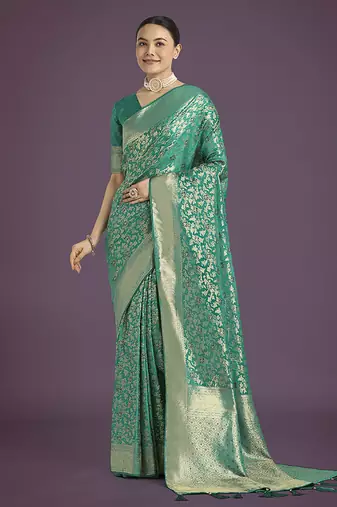 turquoise banarasi satin silk meenakari zari weaving pattern saree