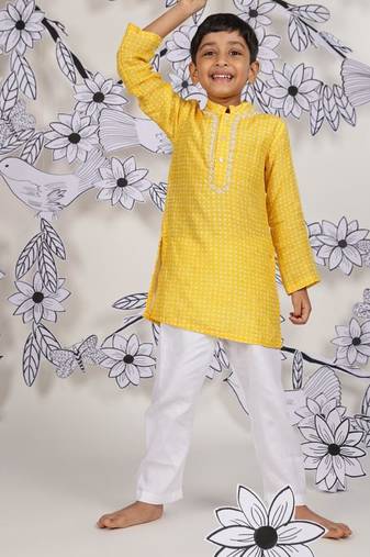 Sunshine spark boys kurta yellow geometric print with white pajama